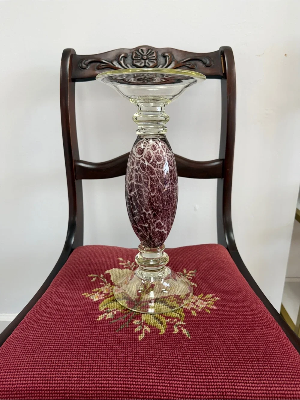 Hand blown large candle holder deep maroon tortoise like look
